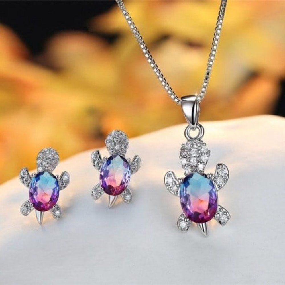 Purple Blue Multicolor Cubic Tourmaline Turtle Necklace & Earrings Set